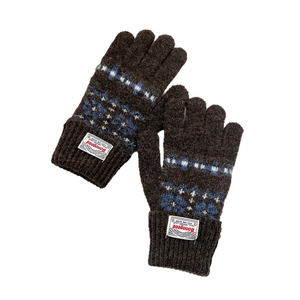 Dark brown knit gloves with blue snowflake patterns and ribbed cuffs for winter warmth
