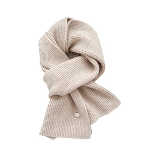Oatmeal wool knit scarf with ribbed texture and metal logo detail on white background