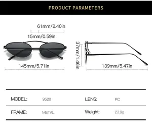 Detailed size chart for metal cat-eye sunglasses with lens width and frame dimensions