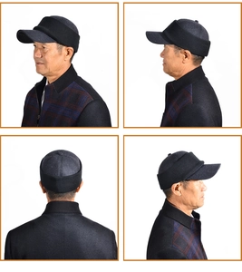 Detail view of winter men's thermal baseball cap with knit ear flaps in grey and black
