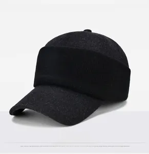 Detailed view of winter baseball cap with thick wool fabric and ribbed knit trim detail