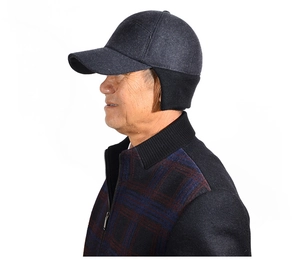 Detail of dark grey winter baseball cap featuring integrated black knit ear protectors
