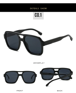 Detailed multi-angle views of black double-bridge square sunglasses in a glossy finish