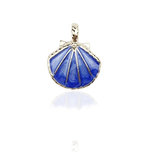 Detailed view of a gold-trimmed seashell charm with textured blue enamel inlay