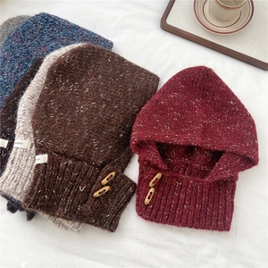 Winter knitted balaclava hood scarf with wood buttons in multiple warm colors