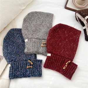 Winter knitted balaclava scarf set with wooden buttons in navy, grey, and burgundy