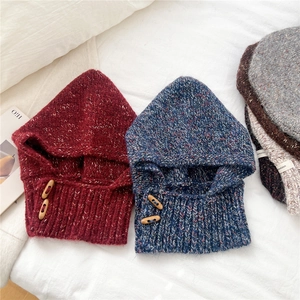 Knitted Balaclava Beanie Hat With Integrated Scarf Earmuffs Wooden Buttons Variegated Yarn Neck Warmer Thick Warm Soft