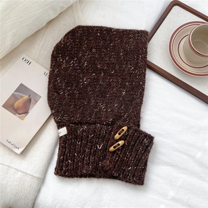 Detail of dark brown knit balaclava with wood horn buttons and thick tweed texture