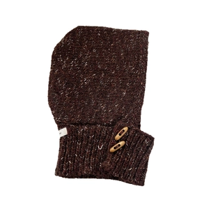 Dark brown flecked knit balaclava with wooden buttons and ribbed neck warmer