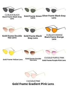 Multi-color collection of cat-eye sunglasses with metal frames in various lens tints
