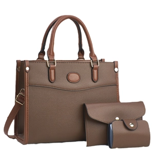 Deep brown 3-piece faux leather tote bag set with matching clutch and card holder