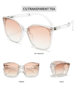 Detail view of foldable transparent tea sunglasses showing frame hinges and compact design
