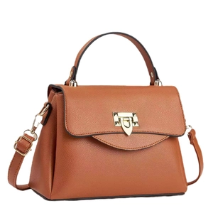 Brown litchi grain shoulder bag with gold metal buckle and top handle on white background