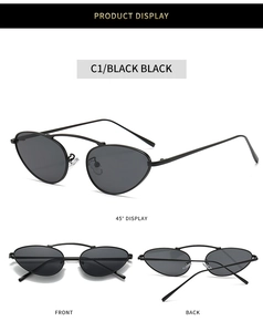 Three-angle view of black metal cat eye sunglasses with sleek double bridge frames