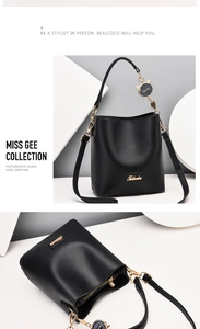 Detailed views of a black bucket bag featuring golden hardware and a cat charm