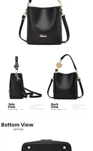 Detailed views showing black bucket bag texture, gold hardware, and anti-wear bottom studs