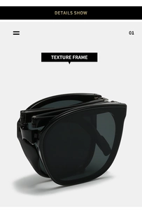 Detail view of foldable sunglasses showing the compact black texture frame and hinges