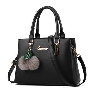 Women Fashion PU Leather Handbag With Fur Ball Leaf Charm Large Capacity Shoulder Crossbody Bag Versatile Top Handle Bag