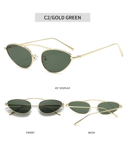 Three-way view of cat eye sunglasses with gold metal frame and dark green lenses