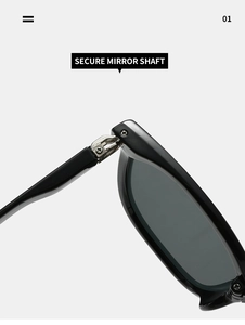Close-up of the secure metal hinge and black frame on these foldable sunglasses