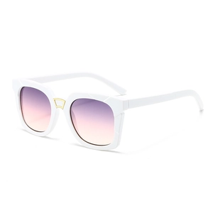 Modern white square sunglasses with purple gradient lenses and gold metal bridge accent