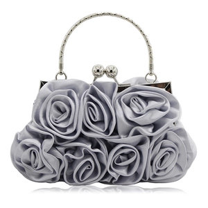Evening Bag Satin 3D Rose Flower Hand Sewn Clutch Handbag Wedding Bridal Party Metal Hoop Handle Kiss Lock With Chain