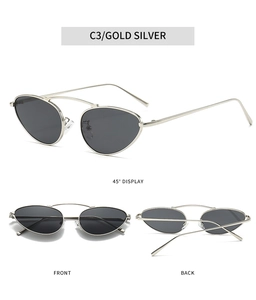 Multiple views of gold and silver cat eye sunglasses with double bridge metal frame