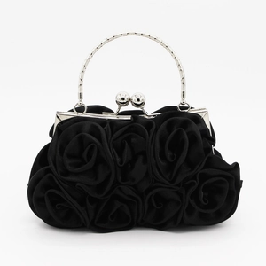 Elegant black satin evening clutch bag featuring 14 handmade roses and silver metal handles