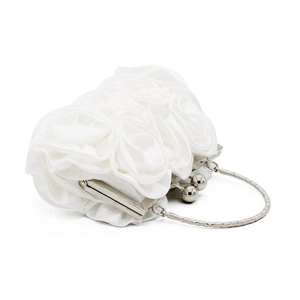 Exquisite white satin evening clutch featuring 3D handmade roses and silver ring handle