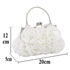 Detailed front view of white satin rose evening clutch bag with dimensions 20x12x5cm