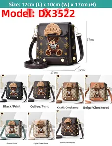 Multi-angle detail showing embroidered bear accent on various textured square crossbody bags