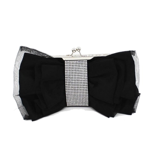 Elegant black silk satin evening clutch with large bow ruffles and rhinestone accents