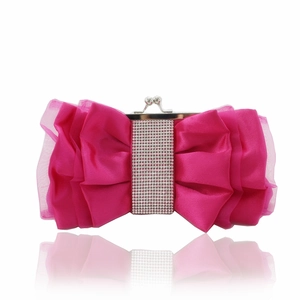 Pink satin evening clutch bag featuring a large bow design and a rhinestone center panel
