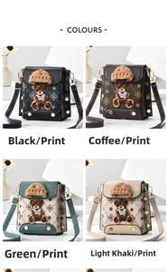 Detail view of four small crossbody bags in black, brown, green and khaki with bear prints