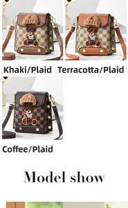 Detailed views of checkered crossbody bag with 3D plush bear patch in three colors