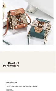 Detail view of stylish small square cross body bags with cute bear embroidery and metal chain