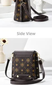 Side view detail of the brown monogram small square bag with metallic rivets and strap