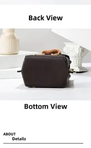 Macro view of dark brown leather crossbody bag with white stitching and woven handle