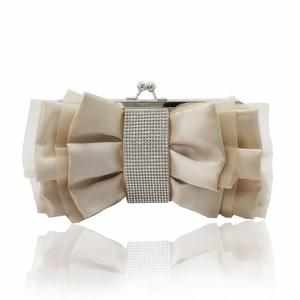 Beige silk satin evening clutch bag with large mesh bow and sparkling rhinestone centerpiece
