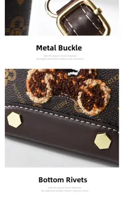Detail of gold metal buckle and hexagonal bottom rivets on brown crossbody bag