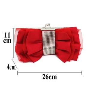 Detailed dimensions of red satin bow evening clutch with rhinestones: 26x11x4 cm
