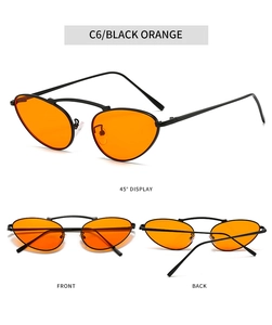 Three-angle views of thin metal cat-eye sunglasses with black frames and orange lenses
