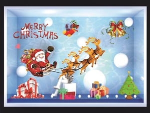 Detail of Christmas window clings set with Santa Claus, reindeer, and festive decorations
