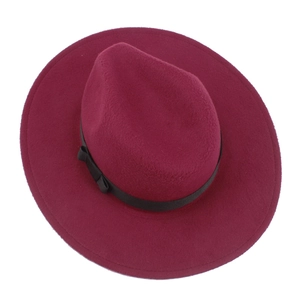 Classic dark wine red fedora hat with wide brim and black ribbon bow for men and women