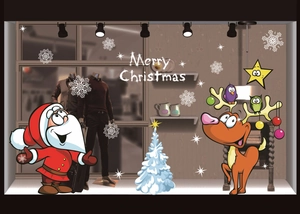 Close-up of PVC Christmas window stickers with Santa, reindeer and tree decorations