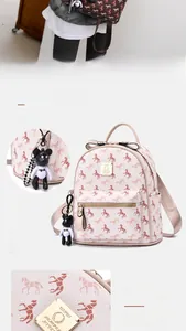 Detail view of pink printed backpack with bear charm and golden metal zippers