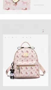 Detail view of pink leather backpack with horse pattern and black bear charm