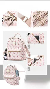 Detailed interior storage space of pink horse print backpack with phone and umbrella