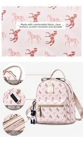 Detail view of pink synthetic leather backpack with geometric horse pattern and bear charm