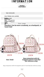 Size chart showing large and small pink printed backpacks with gold hardware details